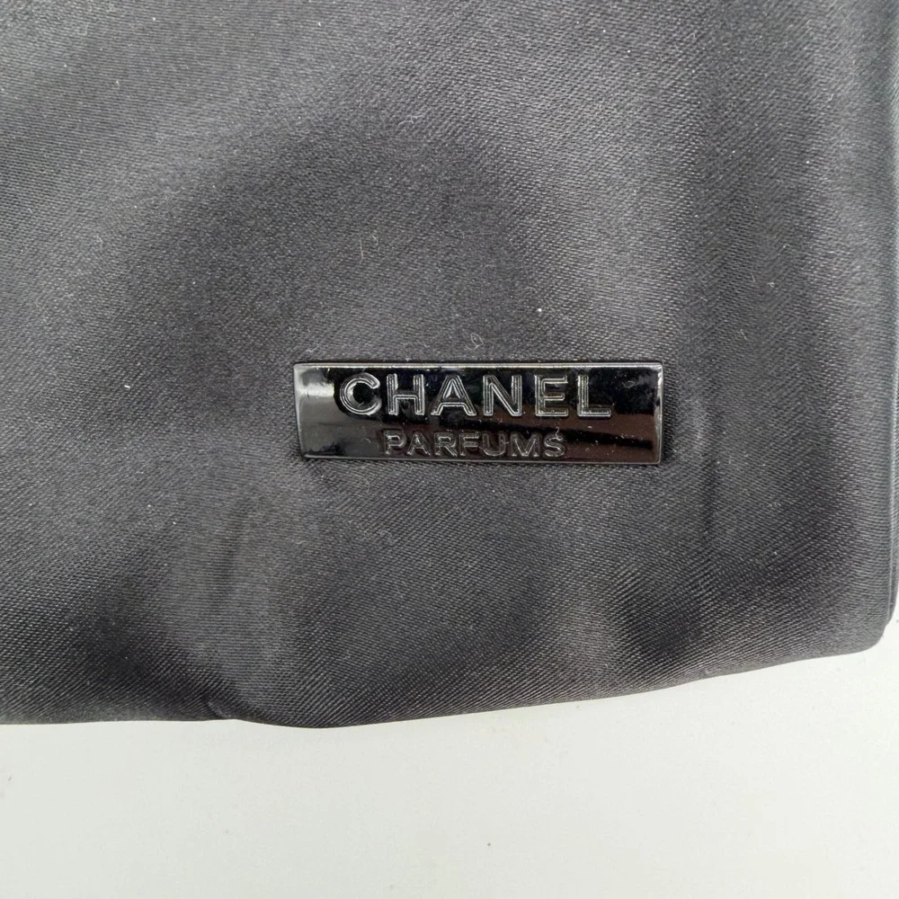 Chanel Parfums Black Cosmetic Makeup Bag Pouch Satin Gift Zippered Logo Liner